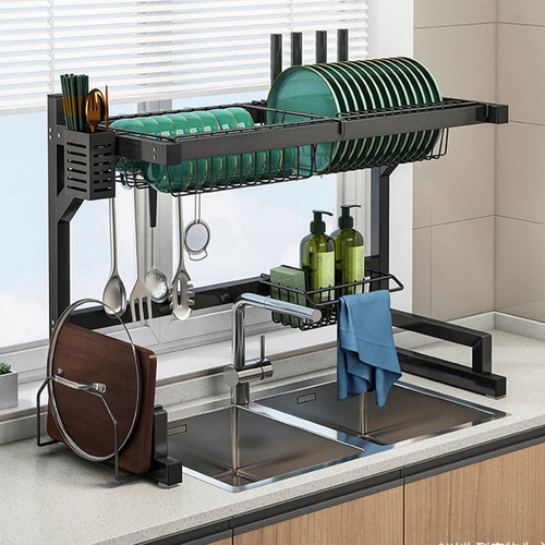 Over the Sink Dish Drying Rack Full Metal Large Dish Drainer 21.6"-37.4" Black 65cm