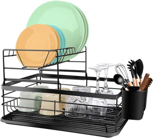 2 Tier Dish Drying Rack and Drainboard Set with Drip Tray,Utensil and Cutting Board Holder for Kitchen Counter