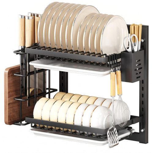 Tsawntd Dish Drainers, Wall Mounted Dish Drying Rack 2-Tier Hanging Drying Rack Black