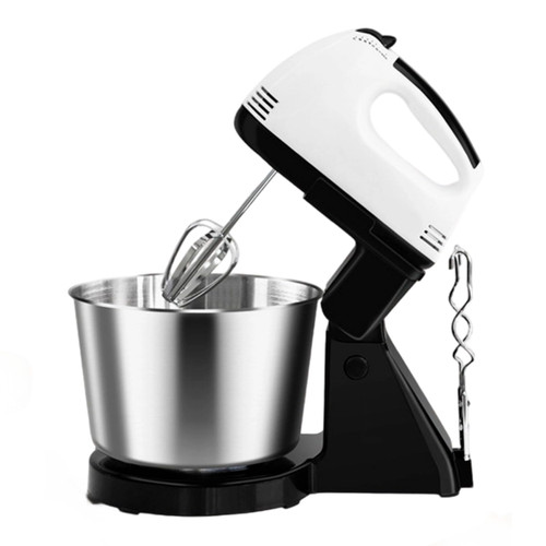 2 in 1 Stand and Hand Mixer, 7 Speed Electric Baking Mixer with Stainless Steel Bowl, Handheld Kitchen Mixer for Whipping, Mixing, Cake, Cream and Dough, Black and White, US Power Connection