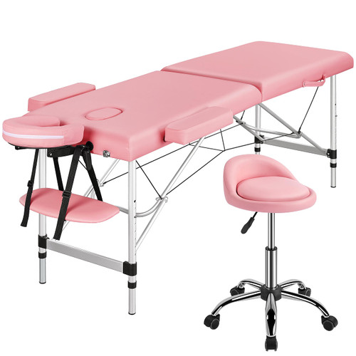 Yaheetech Portable Spa Table with Rolling Stool Set Massage Bed Chair Pink