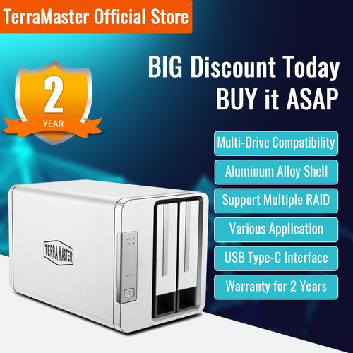 TERRAMASTER D2-310 USB Type C External Hard Drive RAID Enclosure USBq3.0 (5Gbps) 2-Bay RAID Storage (Diskless)