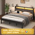 King Size Bed Frame with LED Lights and Charging Station, Wood Storage Headboard with 2-Tier Shelves,