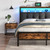 Full Size Bed Frame with Charging Station and LED Lights, Grey Upholstered Headboard with 2-Tier Storage Shelves,12" Under-Bed Storage