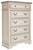 French Country 5 Drawer Chest, Tipover Restraint Device, 2-tone Finish, Wood, 40.13" W x 18.13" D x 58.13" H, Chipped White