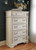 French Country 5 Drawer Chest, Tipover Restraint Device, 2-tone Finish, Wood, 40.13" W x 18.13" D x 58.13" H, Chipped White
