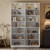 VOWNER 85.5" Tall Bookshelf with LED - Rattan Wood Door Design, 7 Tier Bookcase Set of 2, Curio Cabinets with Storage, DIY Large Bookcase for Living Room, Home