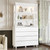 Lovinouse Large Vintage Wide Book Shelf with Storage Drawers, 81.1" Tall White Bookcase with Adjustable LED Light, Roman Columns Carved, Modern Mid-Century Storage Book Shelves for Living Room