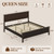 Queen Size Bed Frame with Tall Headboard, Mid Century Modern Wood Platform Bed with Charging Ports and LED Lights, Solid Wood Slat Support