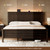 Queen Size Bed Frame with Tall Headboard, Mid Century Modern Wood Platform Bed with Charging Ports and LED Lights, Solid Wood Slat Support