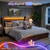 Homkdom Queen Bed Frame with LED Lights,Mid-Century Modern Luxury Wooden Wavy Panel Headboard,Charging Station& 2 Storage Drawers