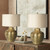 Rustic Farmhouse Table Lamps 27" Tall Set of 2 Antique Brass Textured Hammered Metal Cream Linen Drum Shade for Bedroom Living Room