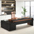 82.75" L-Shaped Executive Office Desk with Open Storage Shelves & Drawers, Modern Computer Desk with Power Outlet & Privacy Panel for Home Office Executive Workspace, Walnut & Black