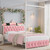 Keyluv Full Size Upholstered LED Canopy Bed Frame with Charging Station and Drawer, Button Tufted Crown Headboard with Storage Shelf