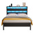 Furnulem Full Size Bed Frame, Storage Headboard, LED & Charger, Black Oak