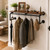 58 Inch Industrial Pipe Wall Clothing Rack with Shelves, Solid Wood, Black