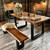 Industrial Solid Wood Dining Table with Metal Base - Reclaimed Farmhouse Kitchen Table for 2-8, 71" L x 11" D x 14" H, Includes Bench, Live Edge Design, Rustic Dining Room Furniture