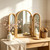 BAODANFU Trifold Vanity Mirrors, 3 Way Mirror with Natural Wood Frame Bathroom, Three Sided Arch Makeup Mirrors for Bedroom, Dressing Room, Braiding Hair, 360° Adjustable, Tabletop & Wall Mount