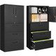 Two black filing cabinets side by side, one closed and one open showing interior