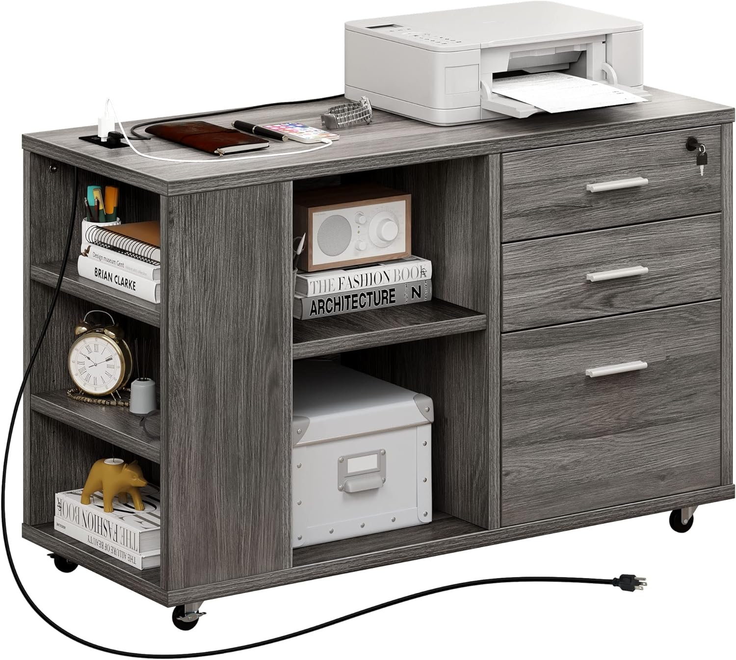 Gray wood filing cabinet with USB outlets and a printer on top