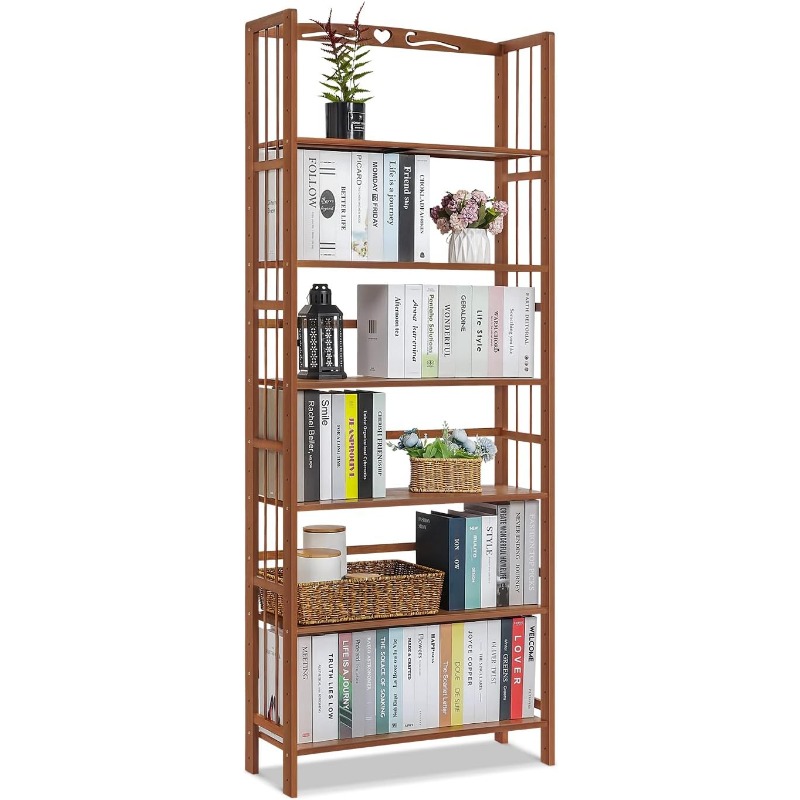 Bamboo tall bookshelf filled with books and baskets