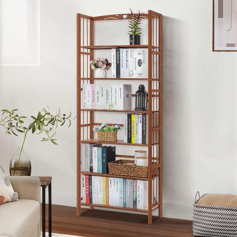 Narrow bamboo bookshelf in living room setting