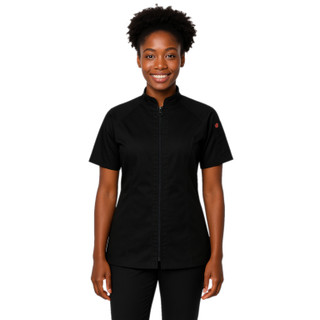 Women's Black Short Sleeve Union Chef Coat On Person Women's Black Short Sleeve Union Chef Coat On Person