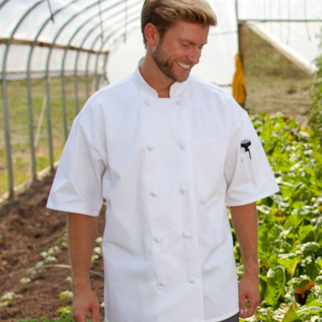 Classic Knot Button Short Sleeve Chef Coat with Mesh Back - Clearance