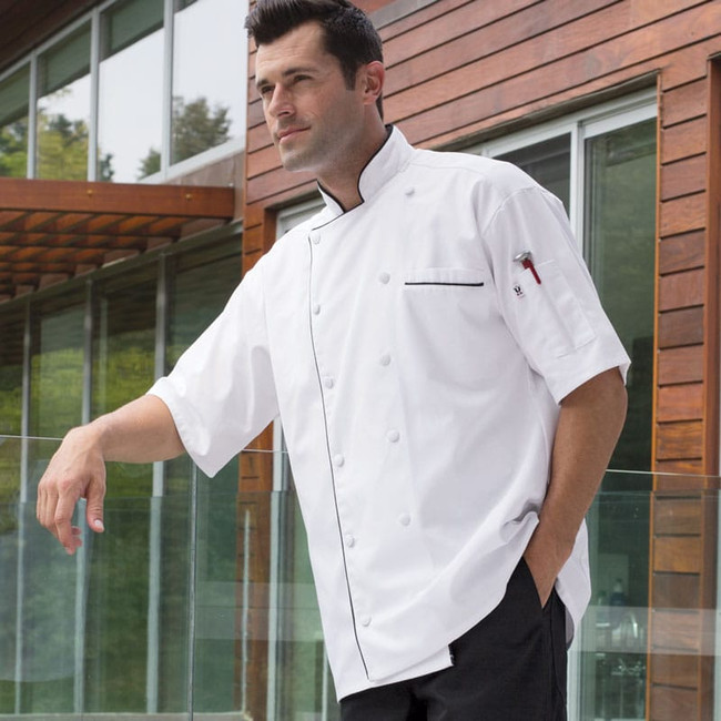 Executive 12 Cloth Covered Button Short Sleeve Chef Coat with Black Piping - Clearance