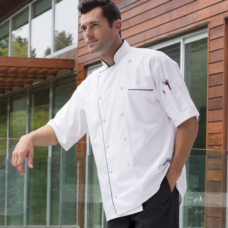 Executive 12 Cloth Covered Button Short Sleeve Chef Coat with Black Piping - Clearance