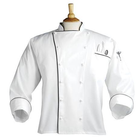 Executive 12 Hand Rolled Button Egyptian Cotton Chef Coat with Black Piping - Clearance