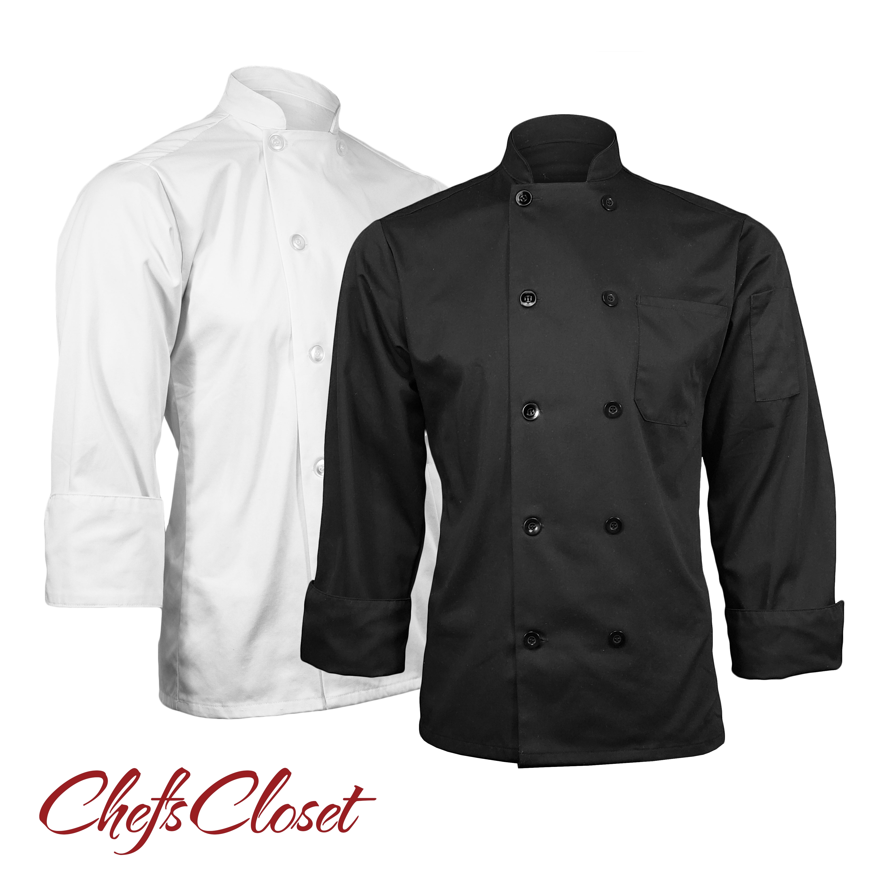 ChefsCloset Lightweight Poplin Unisex Long Sleeve Button Black Chef Jacket XS Chef Coat 