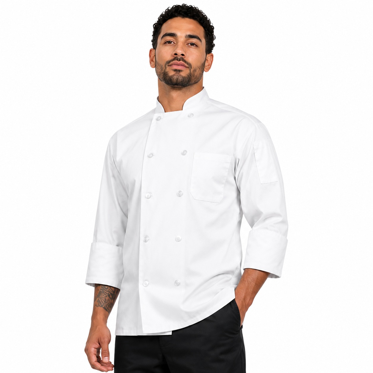 ChefsCloset Long Sleeve 10 Button Chef Coat White, Being Worn