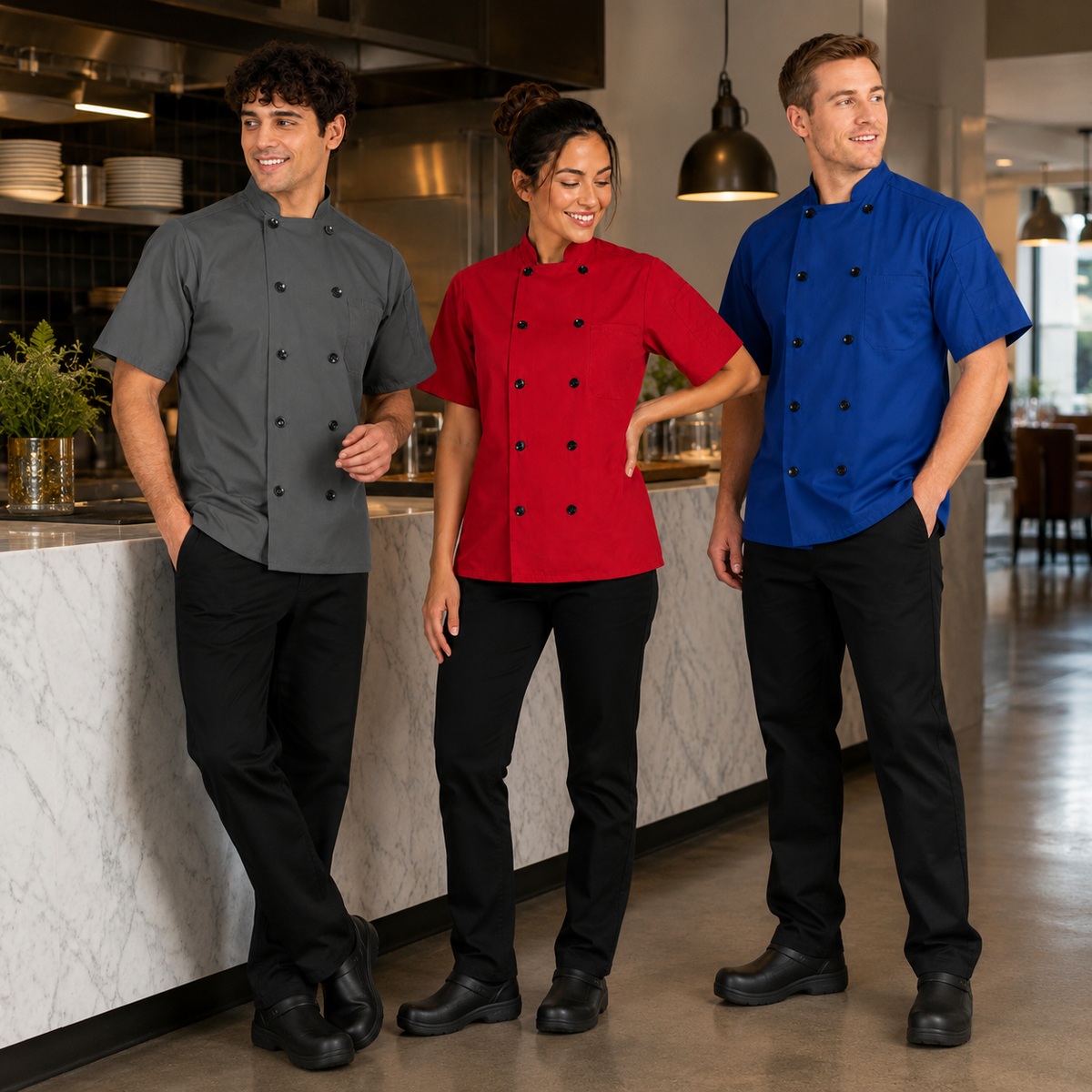 ChefsCloset Poplin Short Sleeve 10 Button Chef Coat in Restaurant