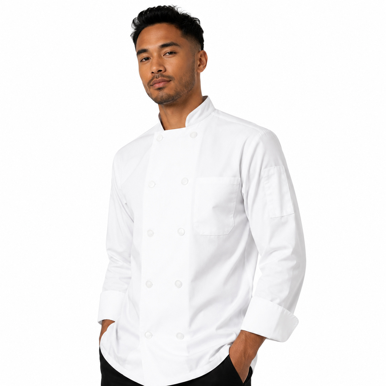 Poplin Long Sleeve Mesh Back Chef Coat White, being worn