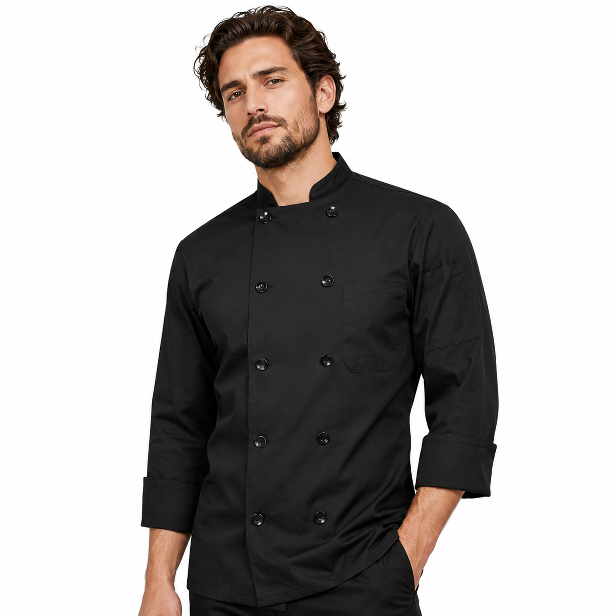 Poplin Long Sleeve Mesh Back Chef Coat Black, being worn