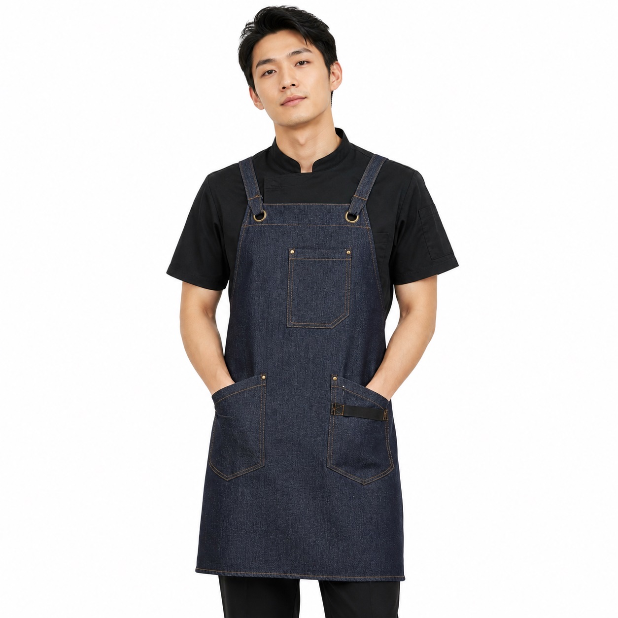 ChefsCloset Denim Allentown Cross Back Bib Apron  3 Pockets, Indigo