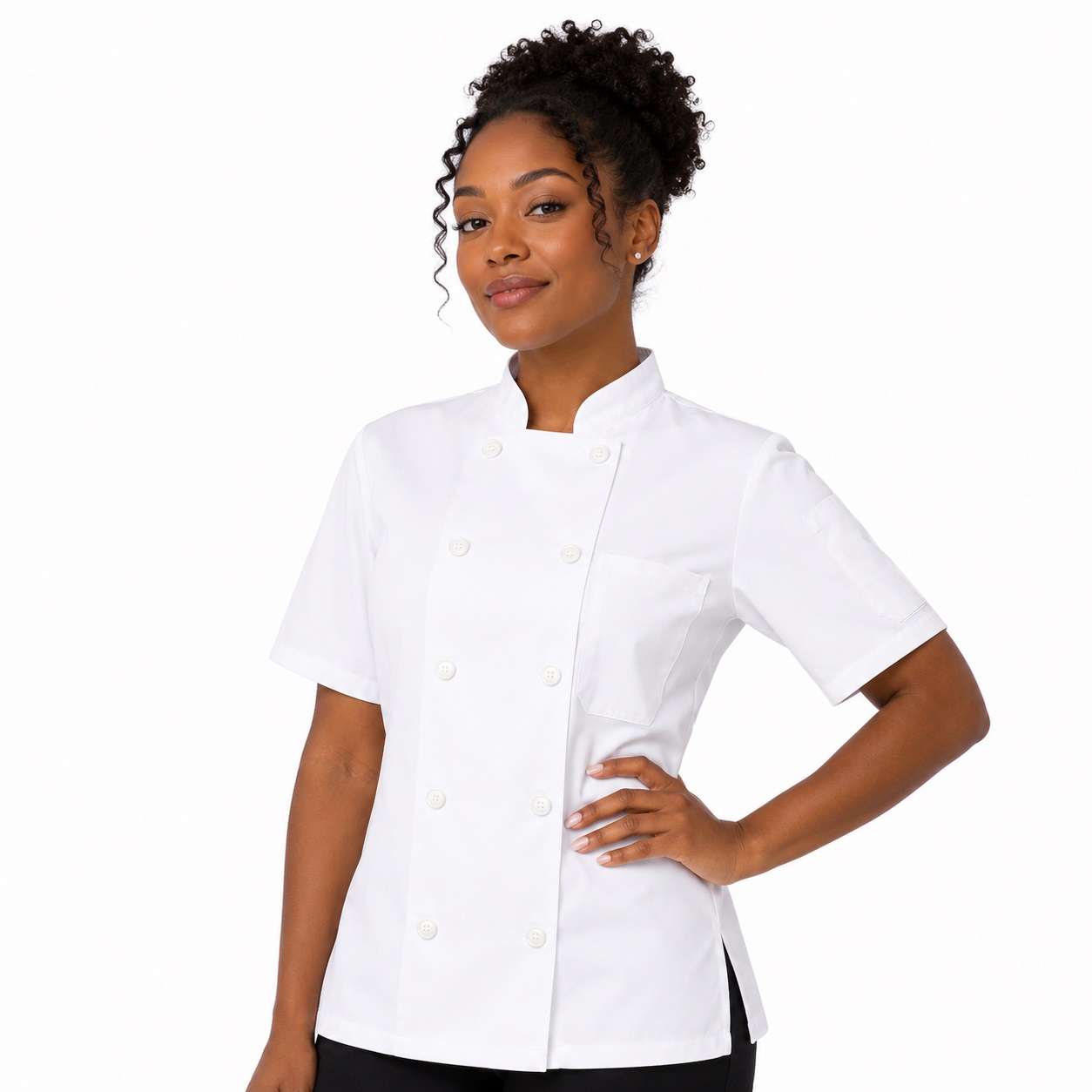 ChefsCloset Ladies Short Sleeve 10 Button Chef Coat White being worn