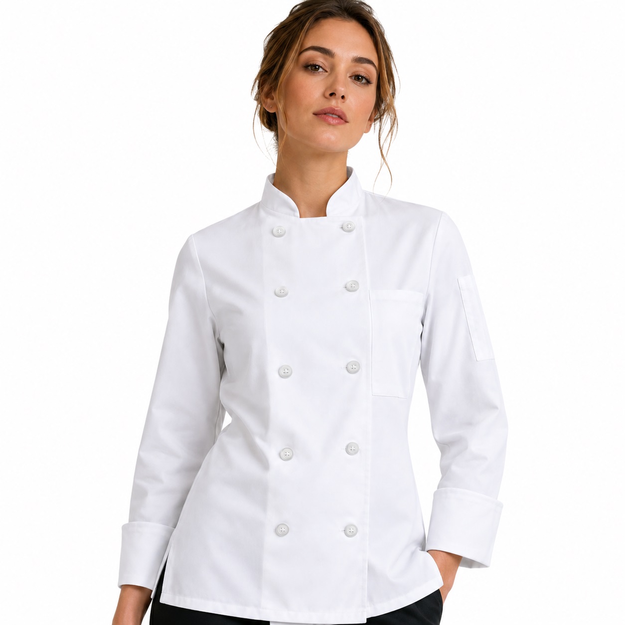 ChefsCloset Ladies Long Sleeve 10 Button Chef Coat White, being worn
