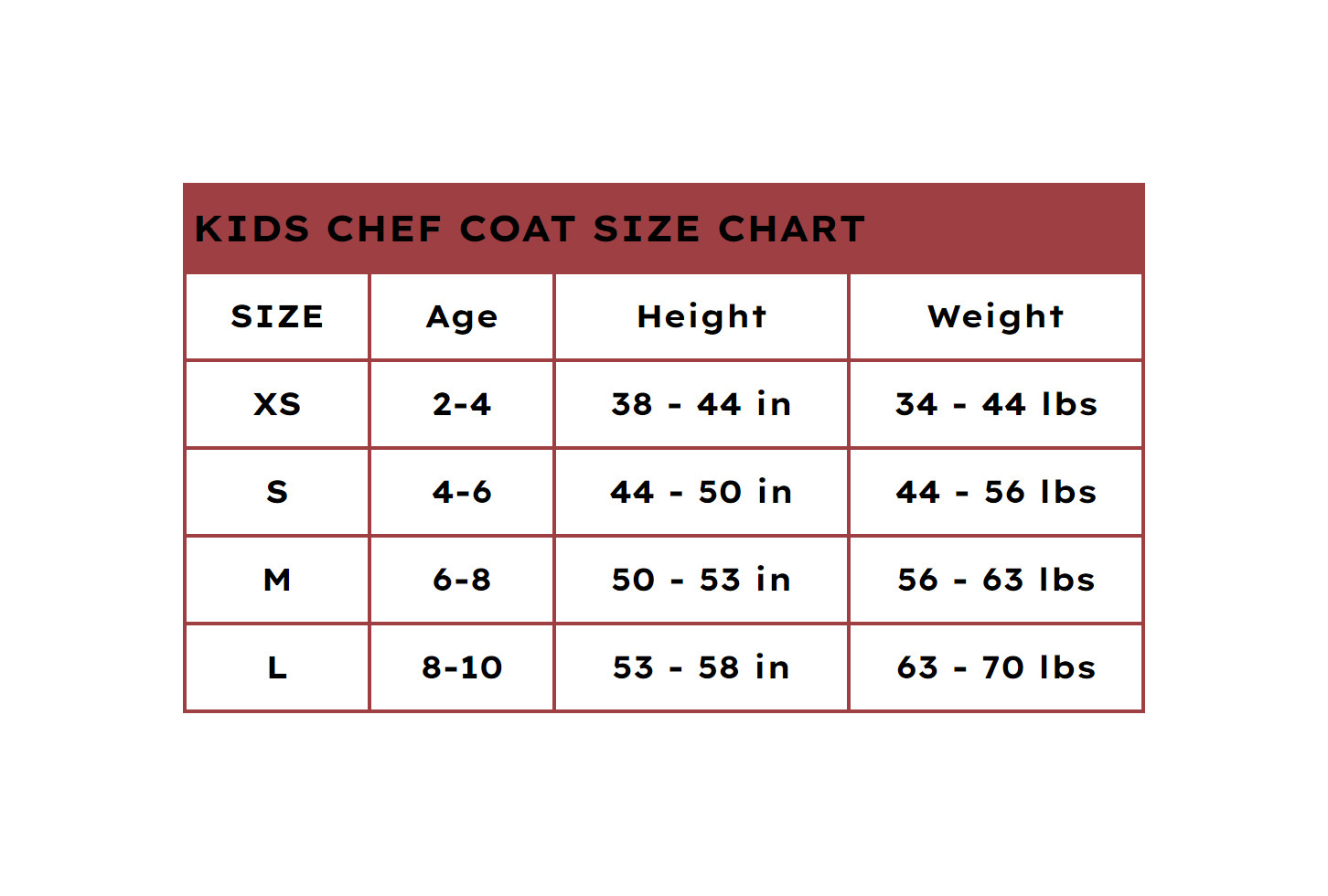 Peanut Chef Coat Size Chart