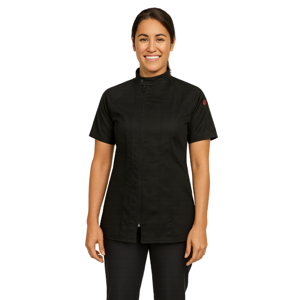 Women's Black Short Sleeve Harlem Chef Coat On Person Women's Black Short Sleeve Harlem Chef Coat On Person