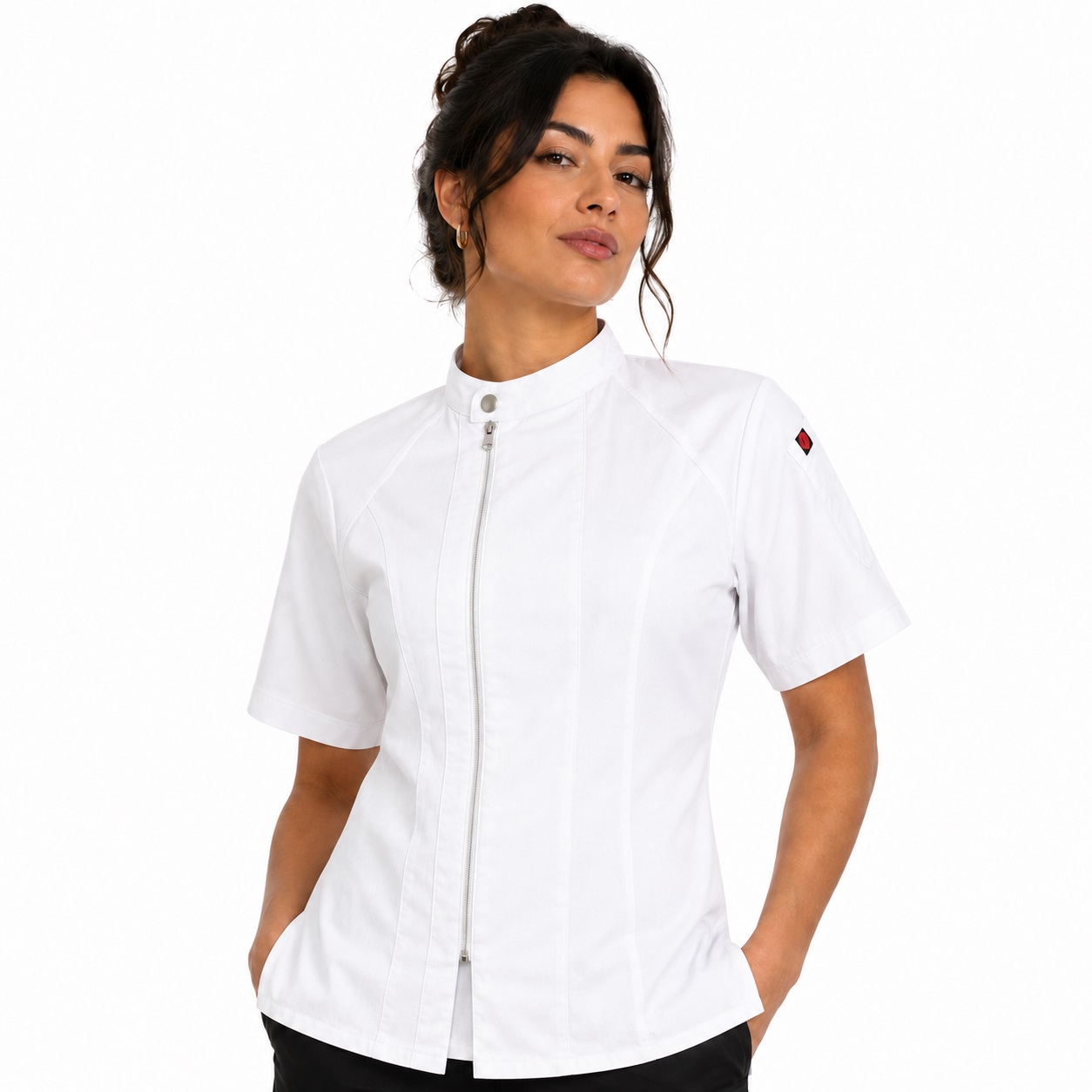 Women's Short Sleeve Harlem Chef Coat White being worn