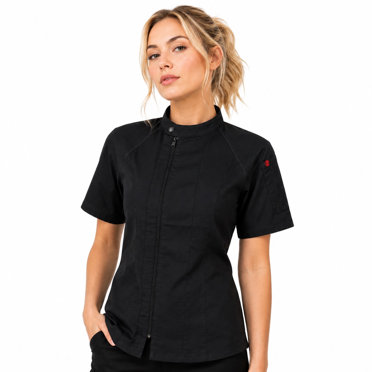 Women's Short Sleeve Harlem Chef Coat Black being worn