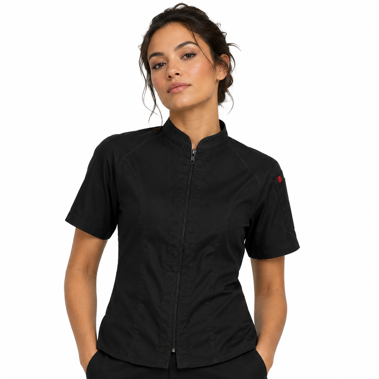 Black Women's Short Sleeve Union Chef Coat Being Worn