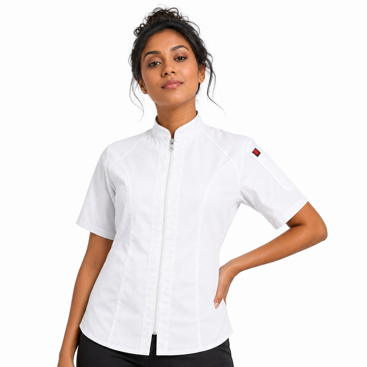 White Women's Short Sleeve Union Chef Coat Being Worn