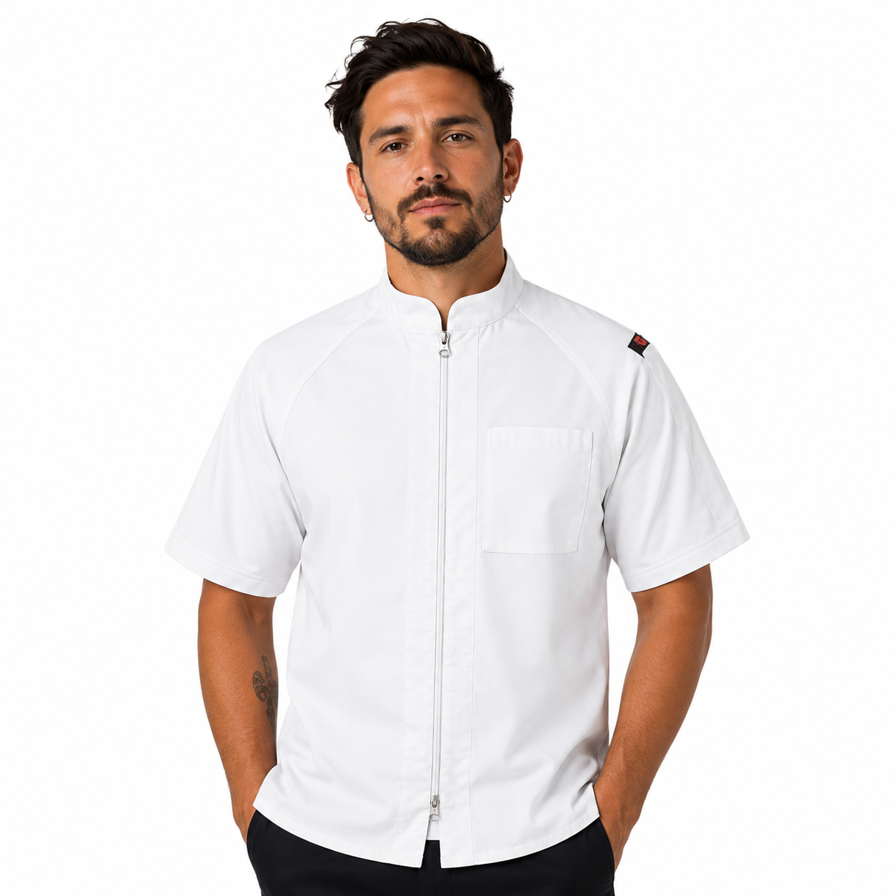 Men's Short Sleeve Seneca Chef Coat White, Being worn