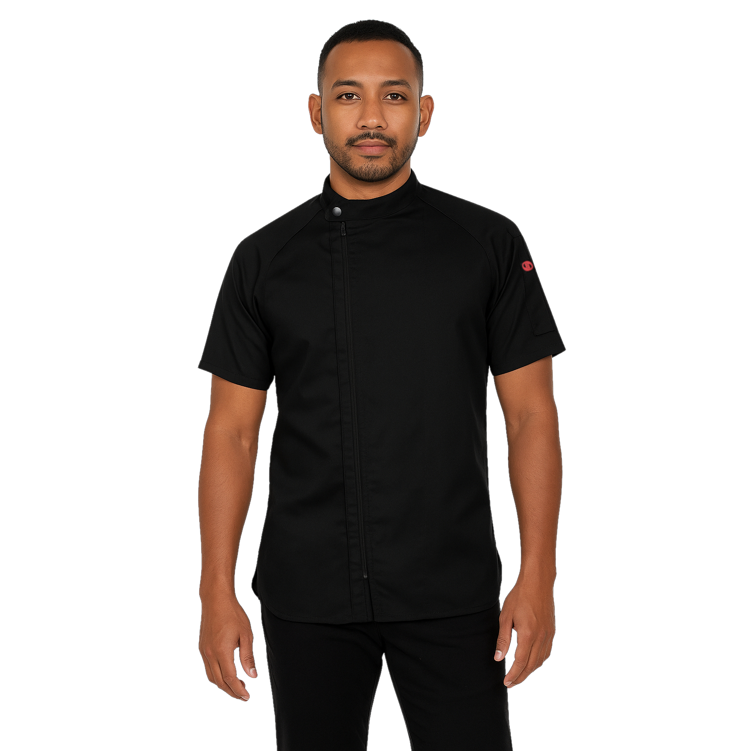 Men's Short Sleeve Jamison Chef Coat Black on Person Men's Short Sleeve Jamison Chef Coat Black on Person
