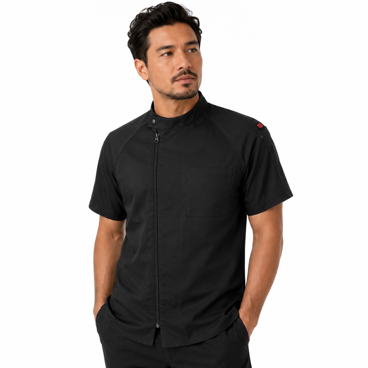 Men's Short Sleeve Jamison Chef Coat, Black, being worn