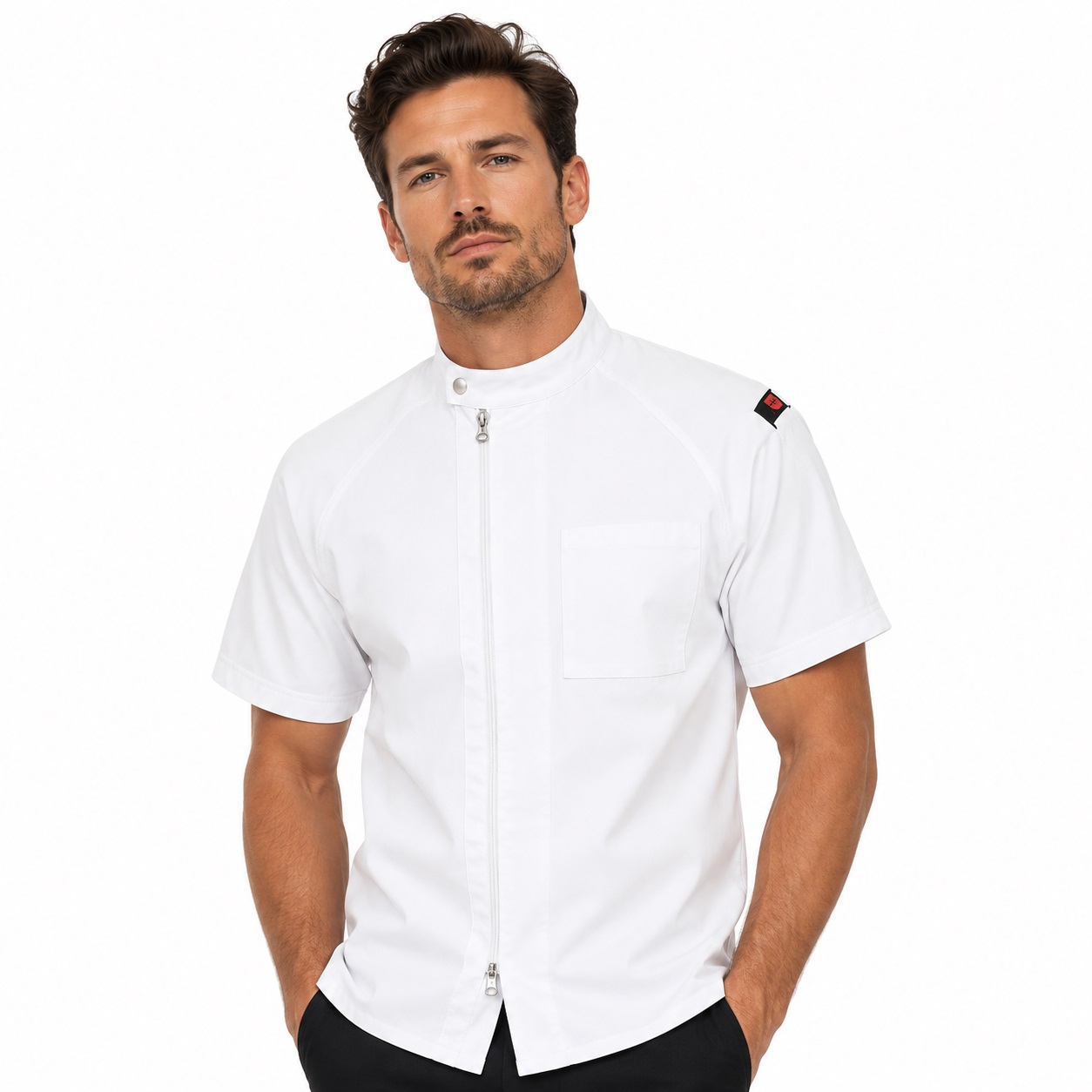 Men's Short Sleeve Jamison Chef Coat, White, being worn
