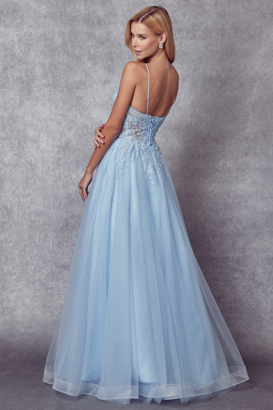 strapless open back dress Dark Blue V Neck Gold Lace Beading Satin Long Prom Dresses with High S –  abcprom main image 1
